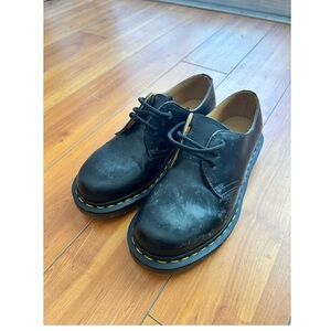 Dr. Martens Black Leather Oxfords with Yellow Stitching